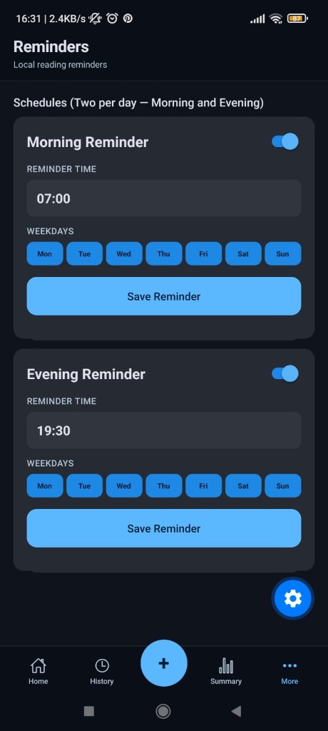 VoltZA Reminders screen